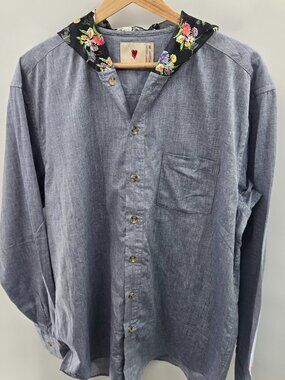 Emotionally Unavailable Chambray Made In Japan Floral Hooded Button Up Shirt XL